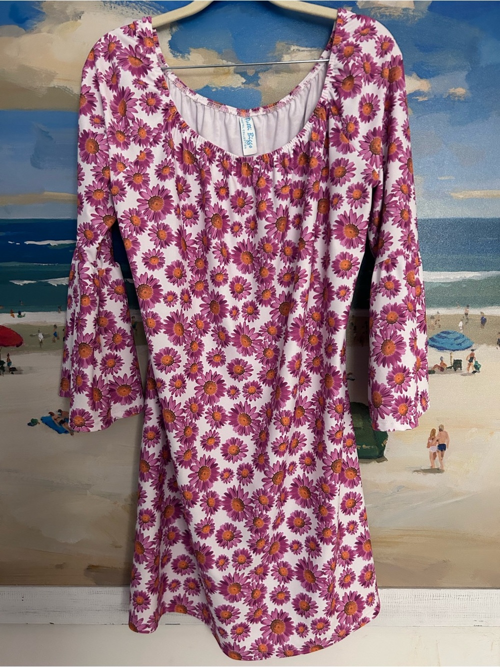 Pink Daisy Print comfortable Casual Dress with Scoop Neck L